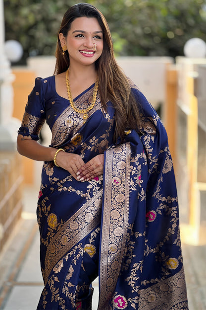 Stunner Navy Blue Soft Banarasi Silk Saree With Comely Blouse Piece