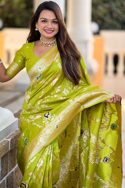 Chatoyant Parrot Soft Banarasi Silk Saree With Fragrant Blouse Piece