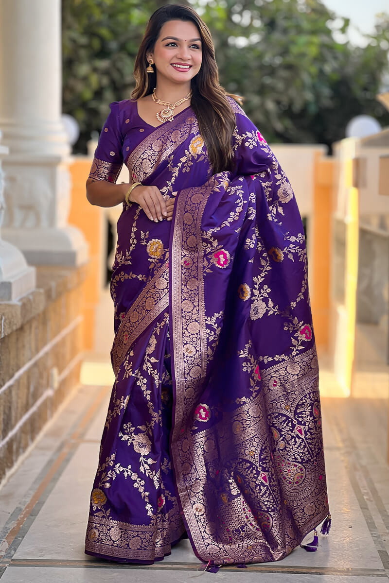 Demesne Purple Soft Banarasi Silk Saree With Palimpsest Blouse Piece