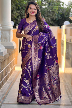 Demesne Purple Soft Banarasi Silk Saree With Palimpsest Blouse Piece