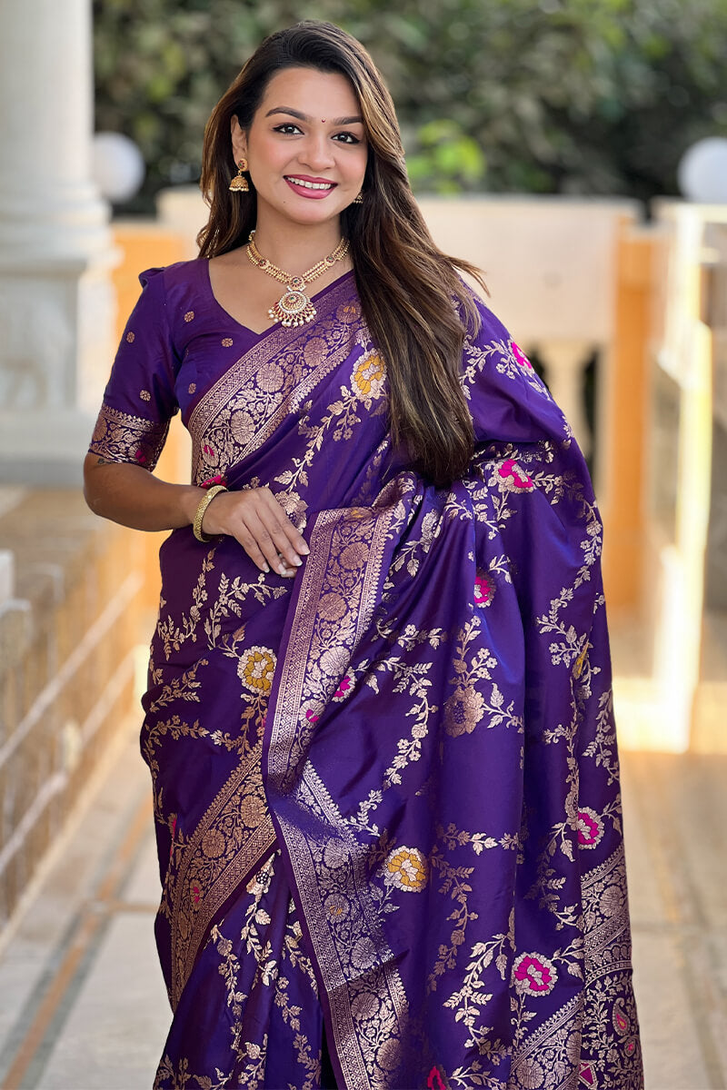 Demesne Purple Soft Banarasi Silk Saree With Palimpsest Blouse Piece