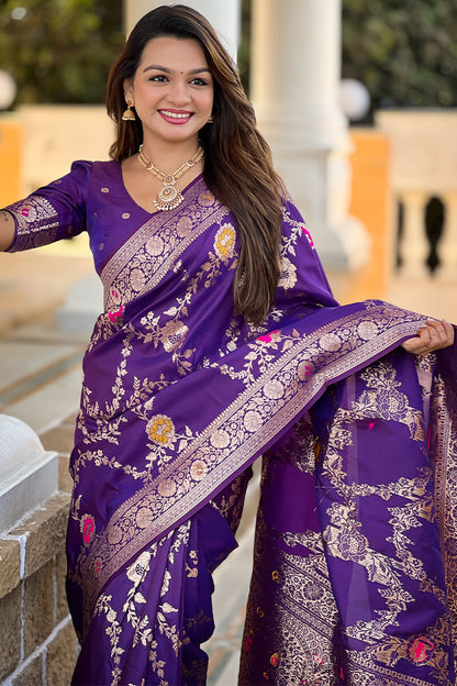 Demesne Purple Soft Banarasi Silk Saree With Palimpsest Blouse Piece