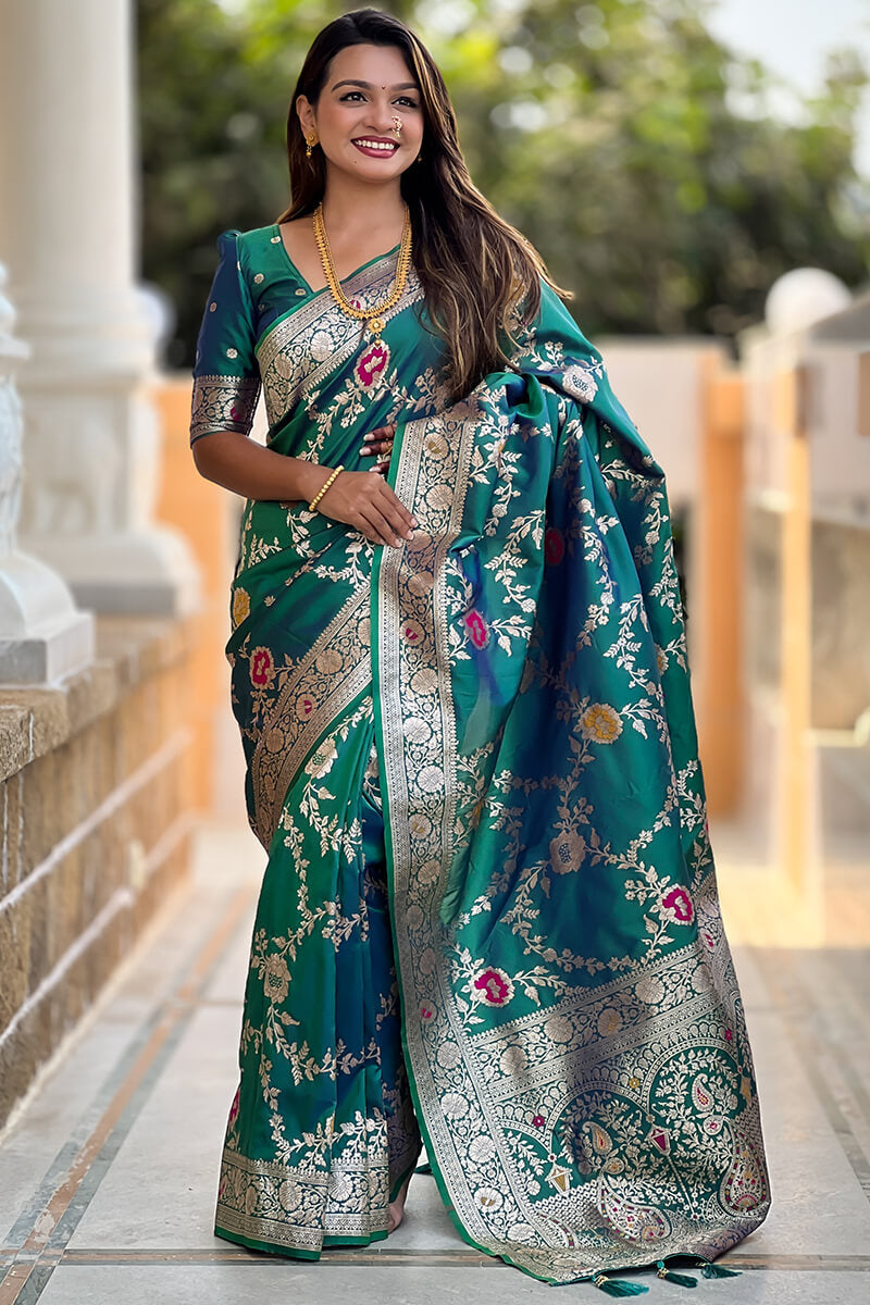 Denouement Rama Soft Banarasi Silk Saree With Fragrant Blouse Piece