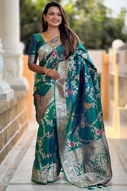 Denouement Rama Soft Banarasi Silk Saree With Fragrant Blouse Piece