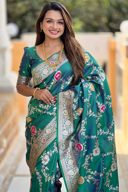 Denouement Rama Soft Banarasi Silk Saree With Fragrant Blouse Piece