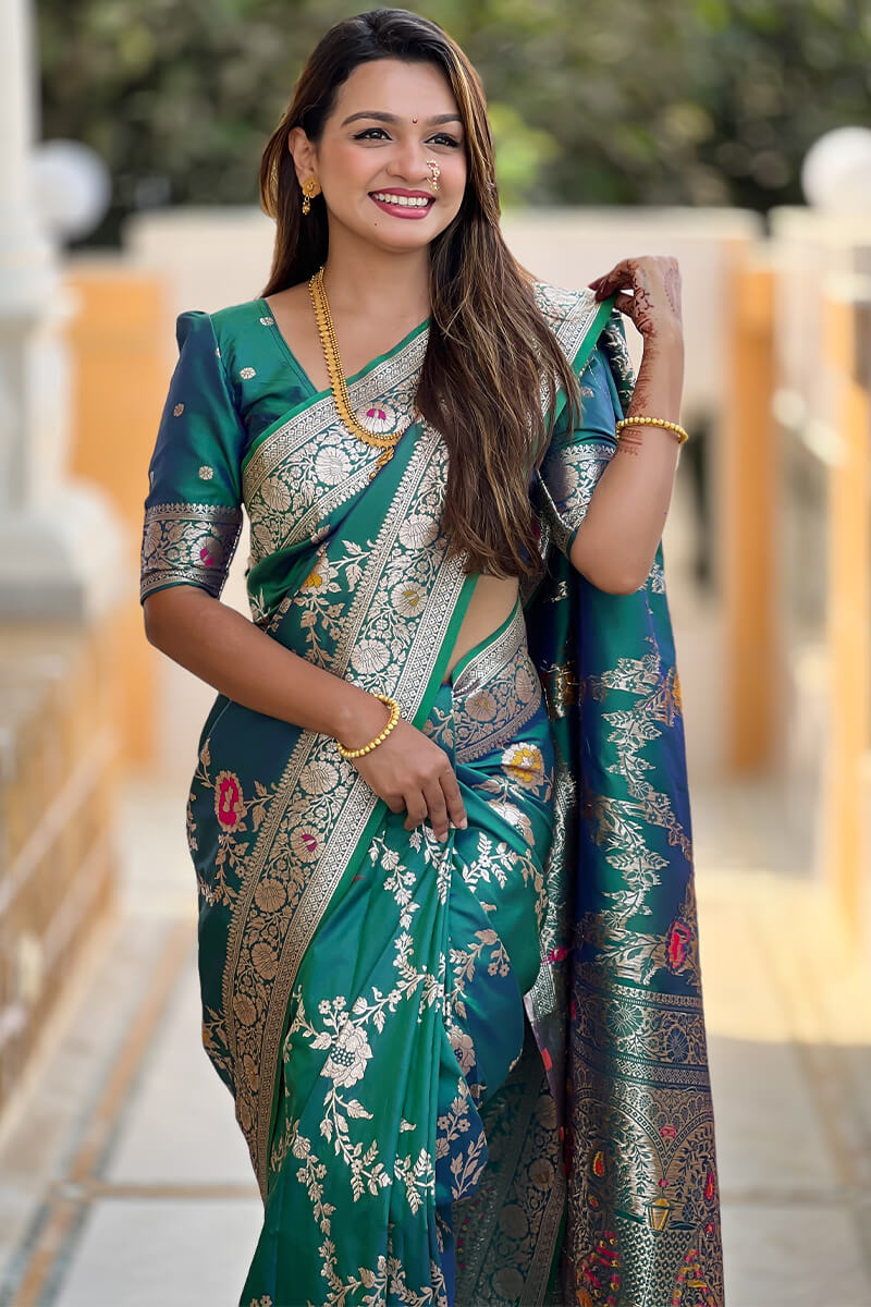 Denouement Rama Soft Banarasi Silk Saree With Fragrant Blouse Piece