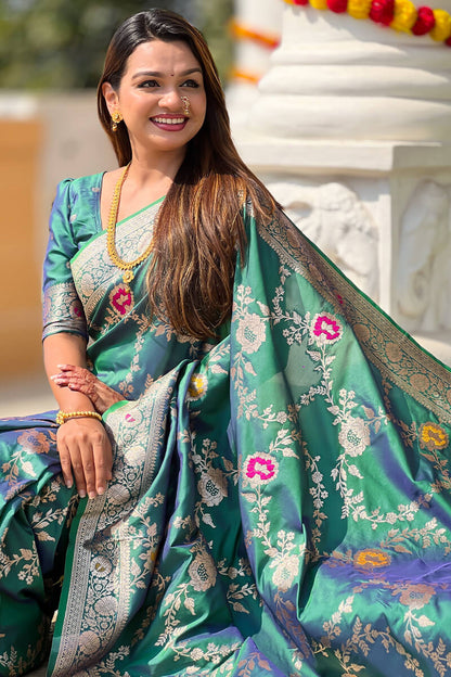 Denouement Rama Soft Banarasi Silk Saree With Fragrant Blouse Piece