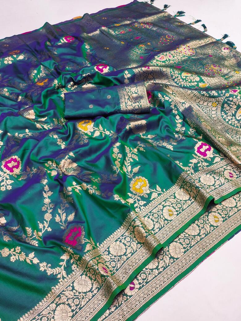 Denouement Rama Soft Banarasi Silk Saree With Fragrant Blouse Piece