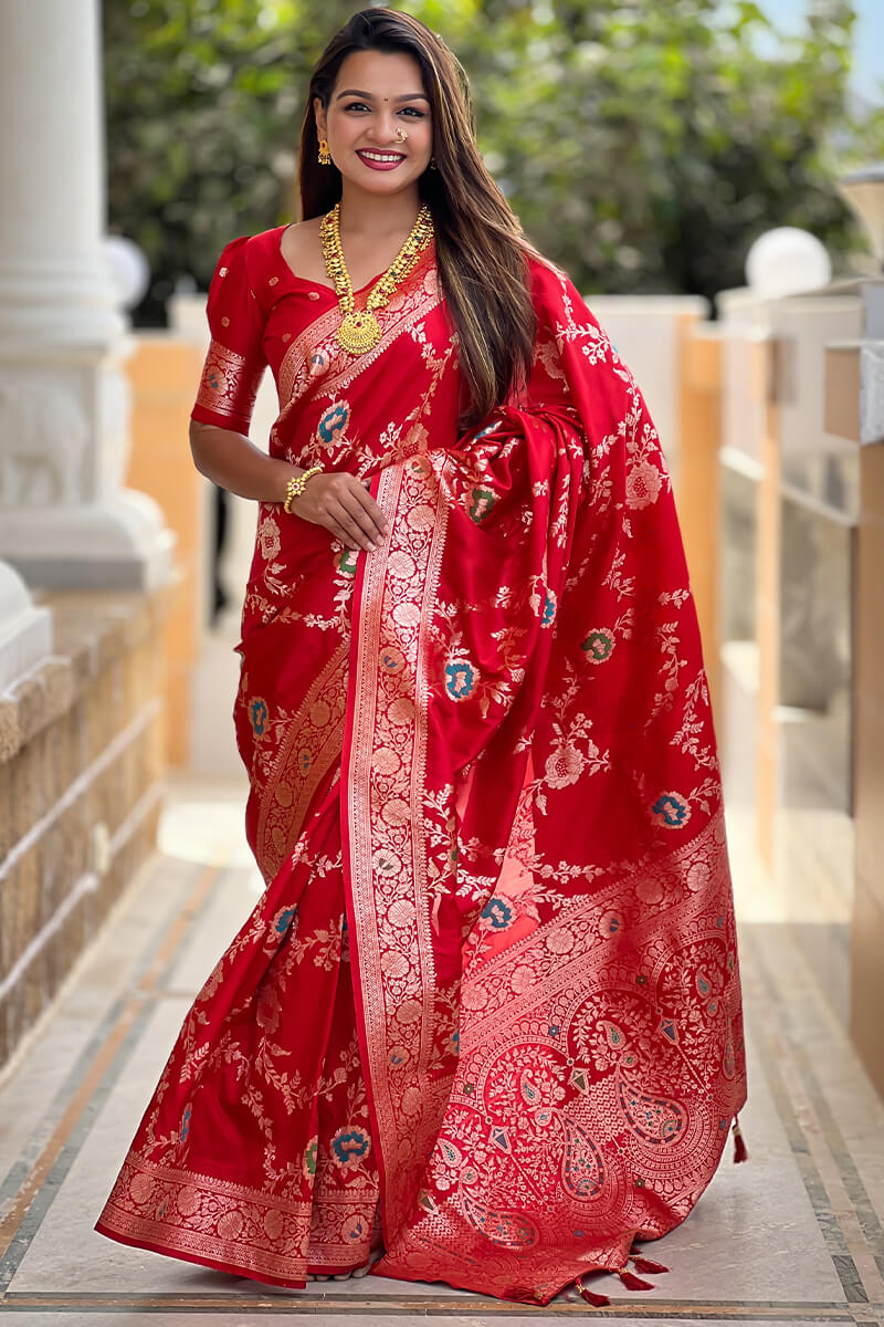 Incredible Red Soft Banarasi Silk Saree With Alluring Blouse Piece