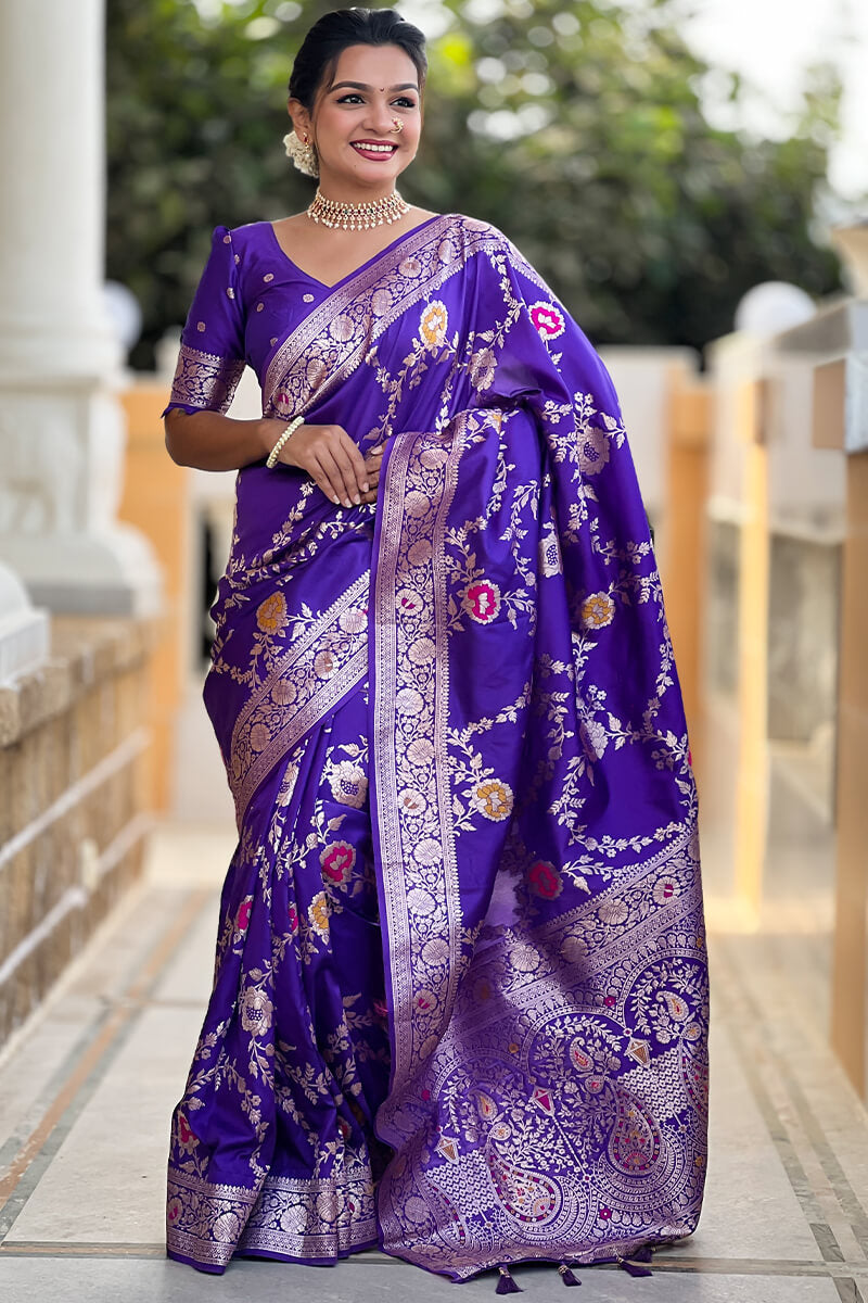 Proficient Royal Purple Soft Banarasi Silk Saree With Enigmatic Blouse Piece