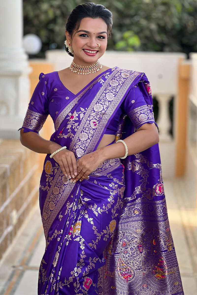 Proficient Royal Purple Soft Banarasi Silk Saree With Enigmatic Blouse Piece
