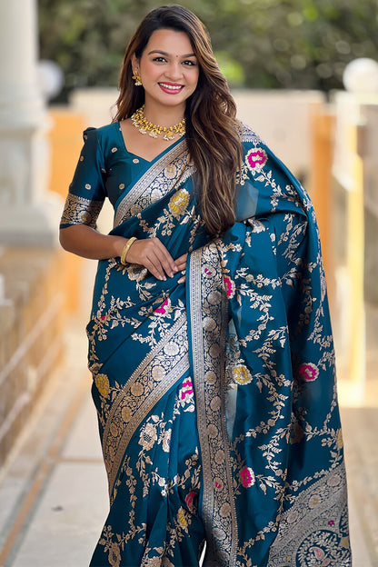 Effulgent Teal Blue Soft Banarasi Silk Saree With Embellished Blouse Piece