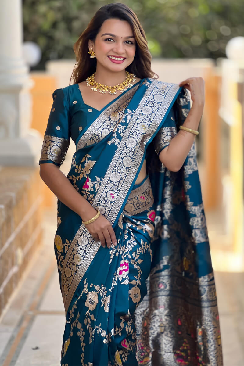 Effulgent Teal Blue Soft Banarasi Silk Saree With Embellished Blouse Piece