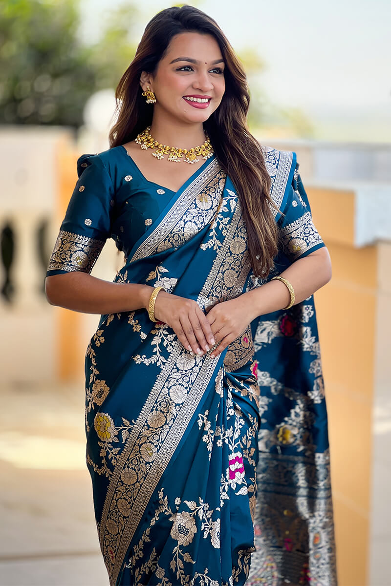 Effulgent Teal Blue Soft Banarasi Silk Saree With Embellished Blouse Piece