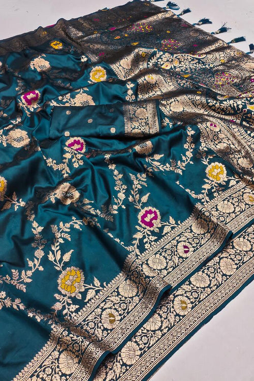 Load image into Gallery viewer, Effulgent Teal Blue Soft Banarasi Silk Saree With Embellished Blouse Piece
