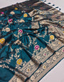 Effulgent Teal Blue Soft Banarasi Silk Saree With Embellished Blouse Piece