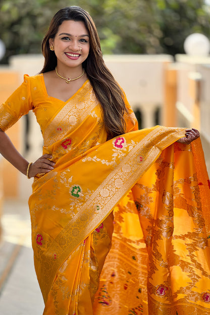 Nectarous Yellow Soft Banarasi Silk Saree With Seraphic Blouse Piece