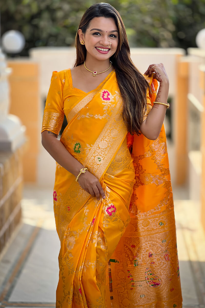Nectarous Yellow Soft Banarasi Silk Saree With Seraphic Blouse Piece