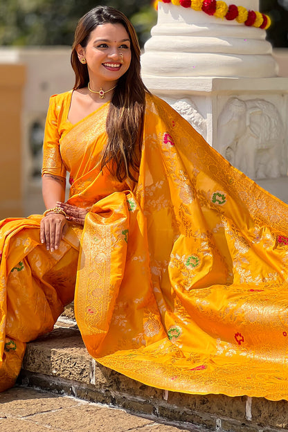 Nectarous Yellow Soft Banarasi Silk Saree With Seraphic Blouse Piece