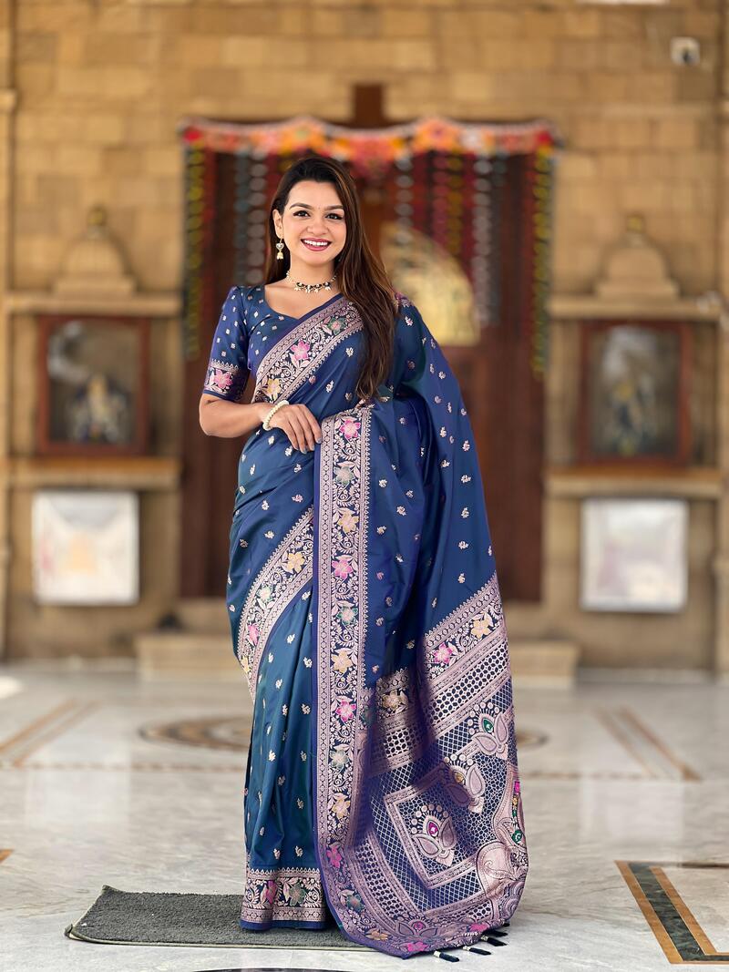 Desuetude Blue Soft Banarasi Silk Saree With Evocative Blouse Piece