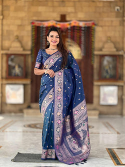 Desuetude Blue Soft Banarasi Silk Saree With Evocative Blouse Piece