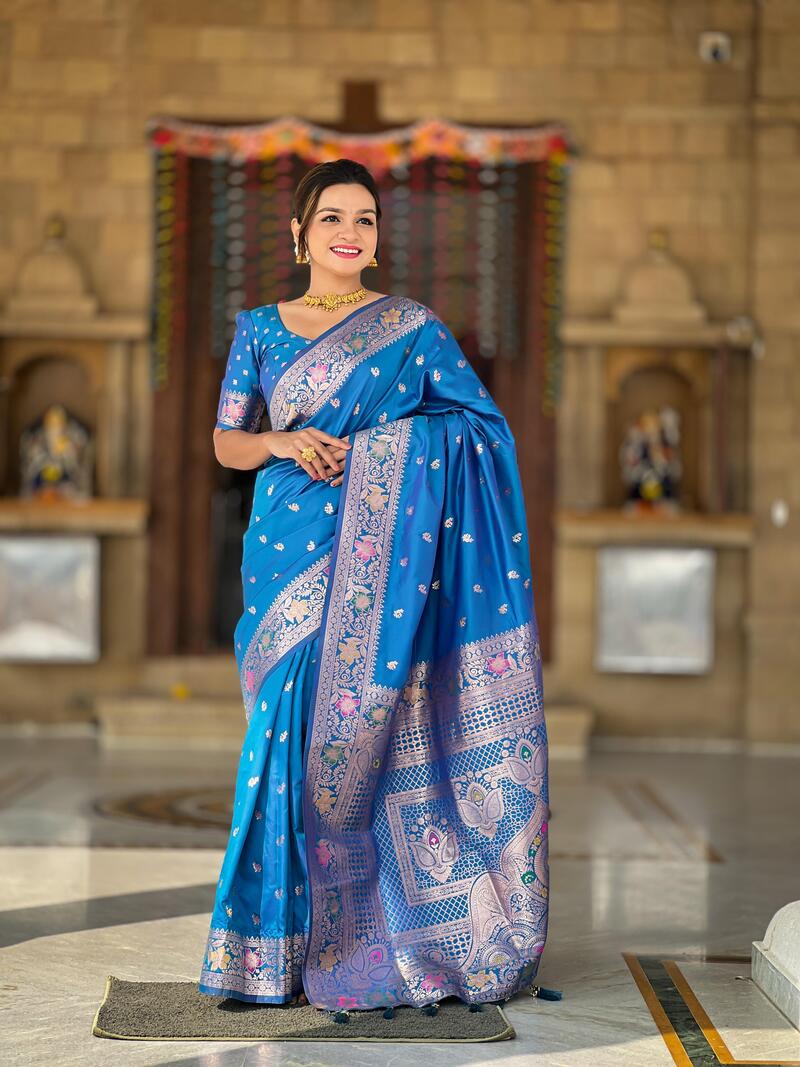 Palimpsest Firozi Soft Banarasi Silk Saree With Smashing Blouse Piece