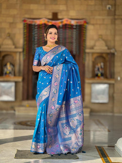 Palimpsest Firozi Soft Banarasi Silk Saree With Smashing Blouse Piece