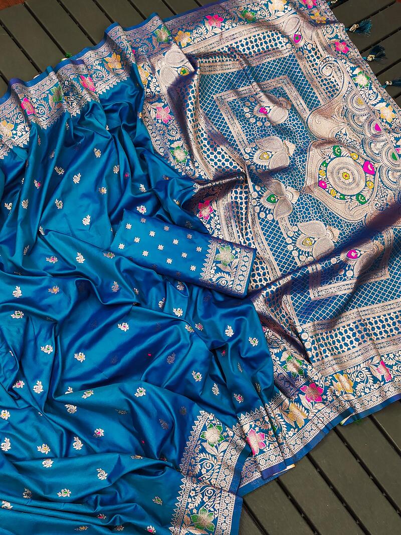 Palimpsest Firozi Soft Banarasi Silk Saree With Smashing Blouse Piece