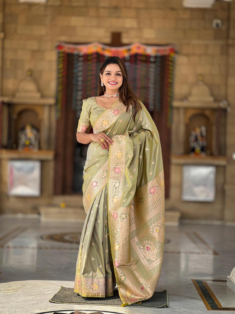 Imaginative Mehndi Soft Banarasi Silk Saree With Glittering Blouse Piece
