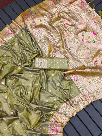 Imaginative Mehndi Soft Banarasi Silk Saree With Glittering Blouse Piece