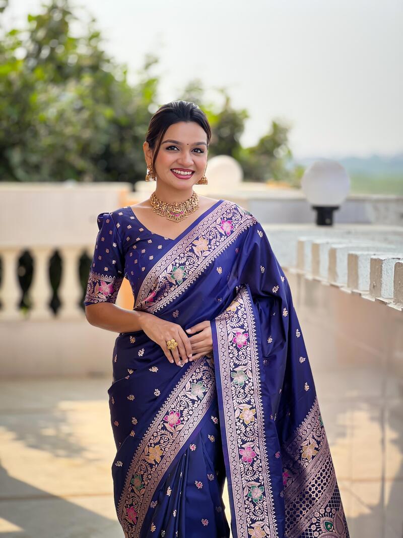 Panache Navy Blue Soft Banarasi Silk Saree With Rhapsodic Blouse Piece