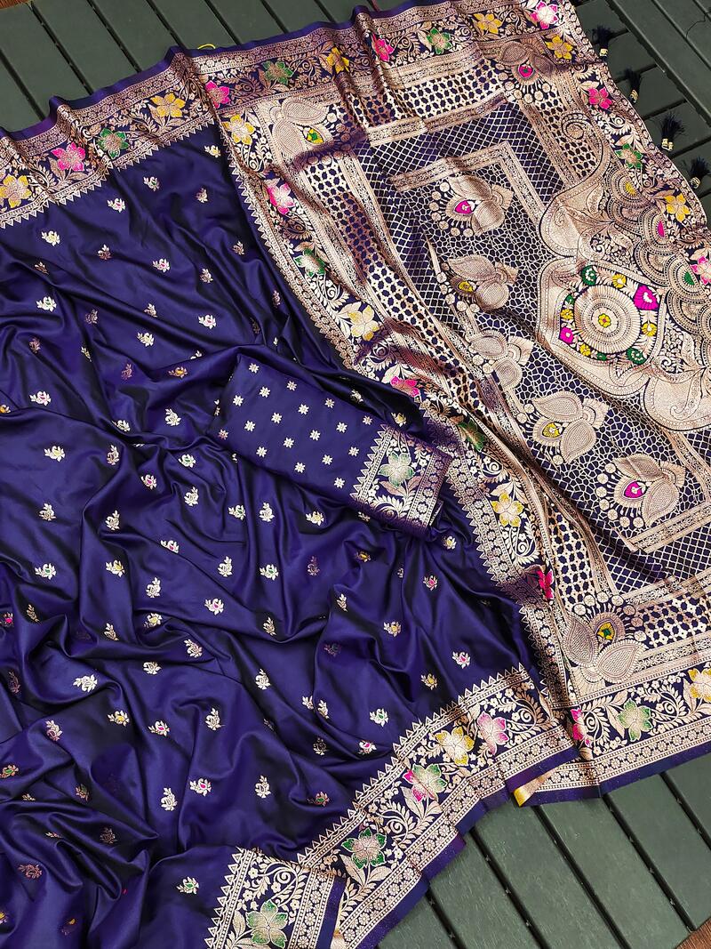 Panache Navy Blue Soft Banarasi Silk Saree With Rhapsodic Blouse Piece