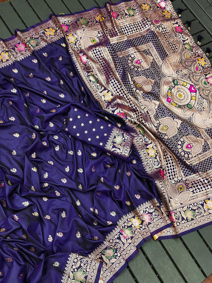 Panache Navy Blue Soft Banarasi Silk Saree With Rhapsodic Blouse Piece