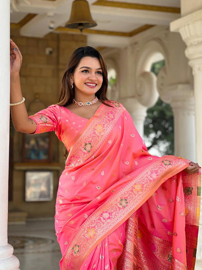 Lustrous Pink Soft Banarasi Silk Saree With Mellifluous Blouse Piece