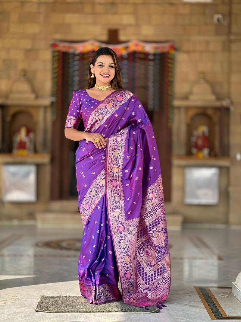 Nebula Purple Soft Banarasi Silk Saree With Scrupulous Blouse Piece