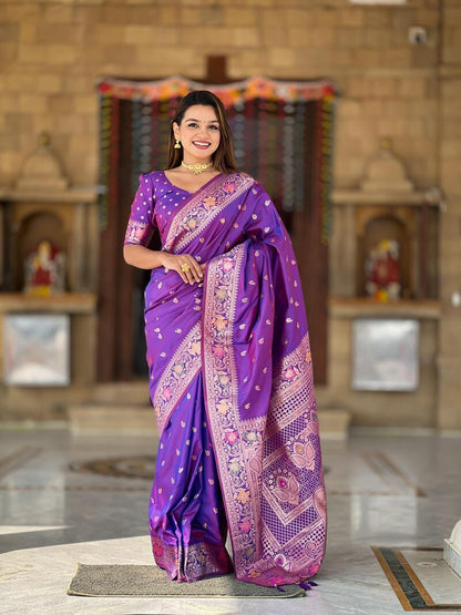 Nebula Purple Soft Banarasi Silk Saree With Scrupulous Blouse Piece