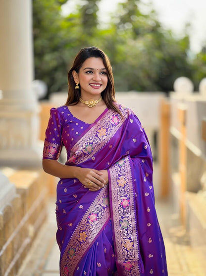 Nebula Purple Soft Banarasi Silk Saree With Scrupulous Blouse Piece