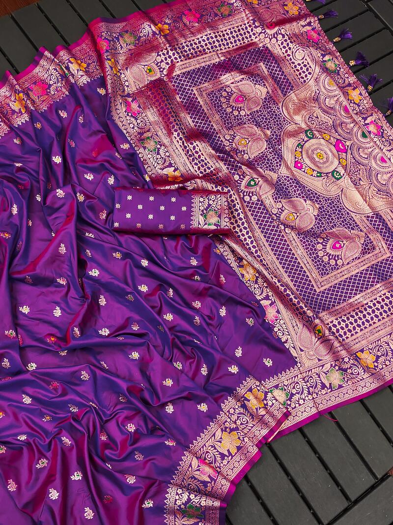 Nebula Purple Soft Banarasi Silk Saree With Scrupulous Blouse Piece