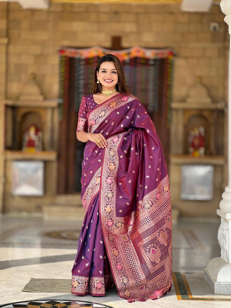 Sonorous Wine Soft Banarasi Silk Saree With Nectarous Blouse Piece