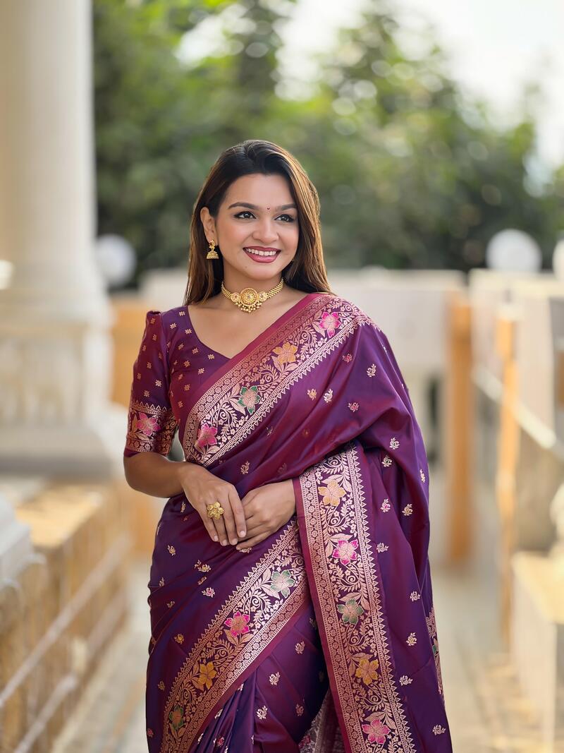 Sonorous Wine Soft Banarasi Silk Saree With Nectarous Blouse Piece