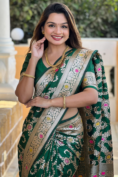 Innovative Dark Green Soft Banarasi Silk Saree With Lovely Blouse Piece