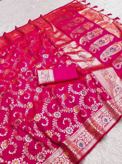 Capricious Dark Pink Soft Banarasi Silk Saree With Unique Blouse Piece