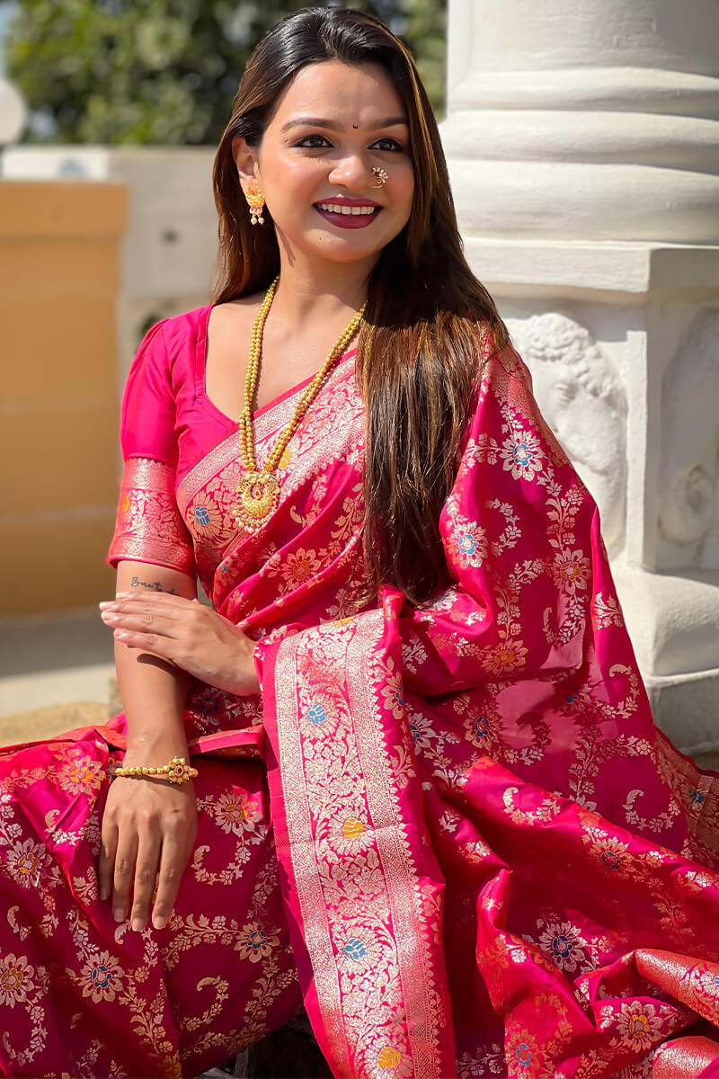 Capricious Dark Pink Soft Banarasi Silk Saree With Unique Blouse Piece