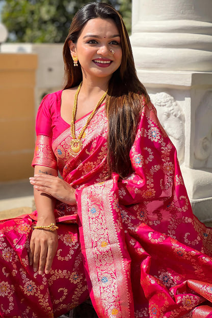 Capricious Dark Pink Soft Banarasi Silk Saree With Unique Blouse Piece