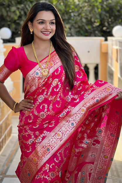 Capricious Dark Pink Soft Banarasi Silk Saree With Unique Blouse Piece