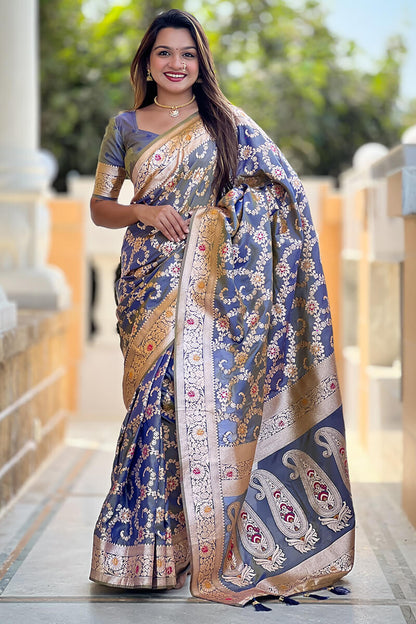 Staring Grey Soft Banarasi Silk Saree With Blooming Blouse Piece