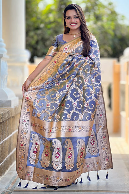 Staring Grey Soft Banarasi Silk Saree With Blooming Blouse Piece