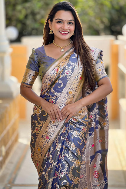 Staring Grey Soft Banarasi Silk Saree With Blooming Blouse Piece