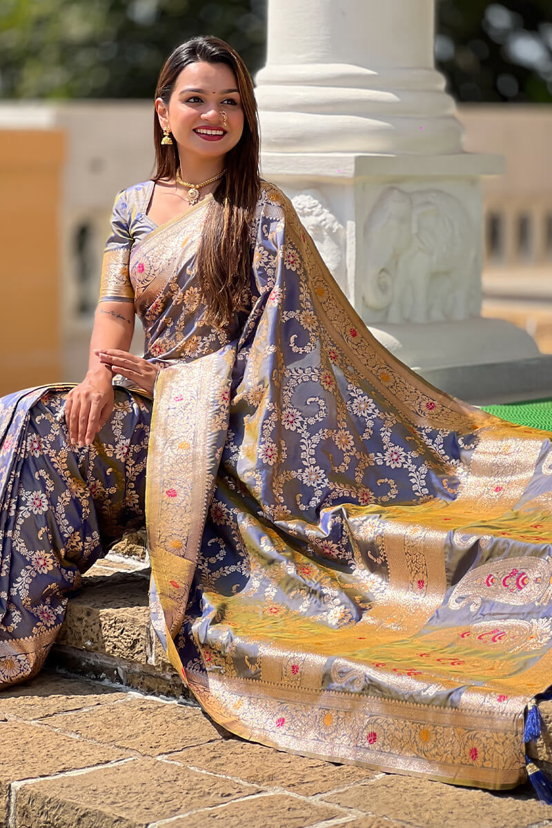 Staring Grey Soft Banarasi Silk Saree With Blooming Blouse Piece