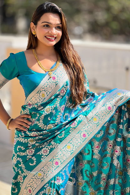 Divine Rama Soft Banarasi Silk Saree With Conflate Blouse Piece